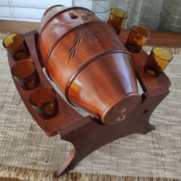 Wooden Barrel Set with 6 Glasses, Vintage Stand Caddy 9.5" - Picture 4 of 16